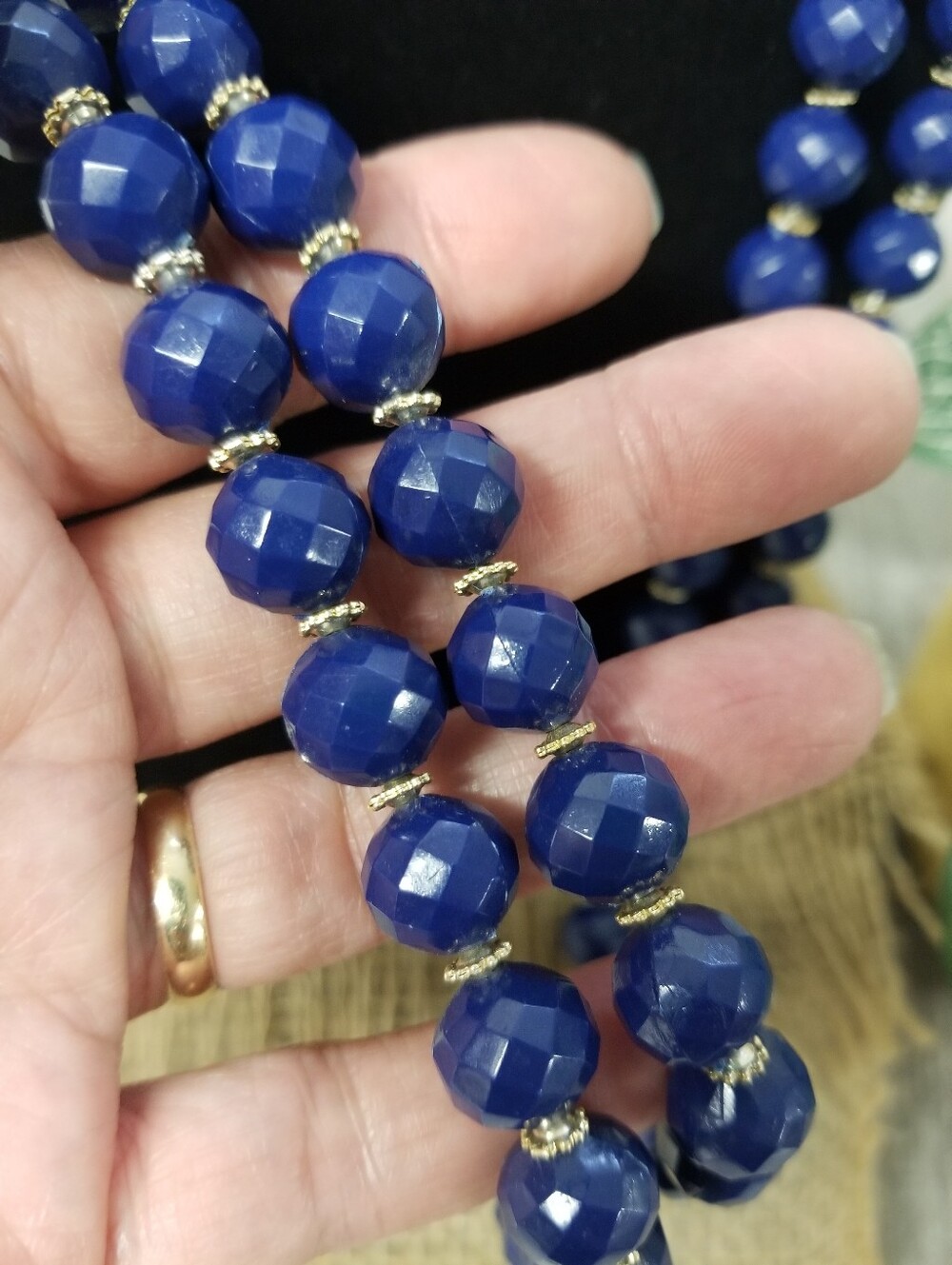 Long Royal Blue Beaded Necklace Vintage - Picture 2 of 10